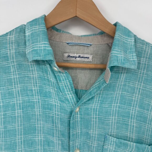 Tommy Bahama Mens‎ Shirt L Large Turquoise Linen Plaid Button Down Beach Spring - Picture 8 of 11